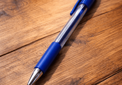 Boligrafo-azul-sobre-madera-rustica